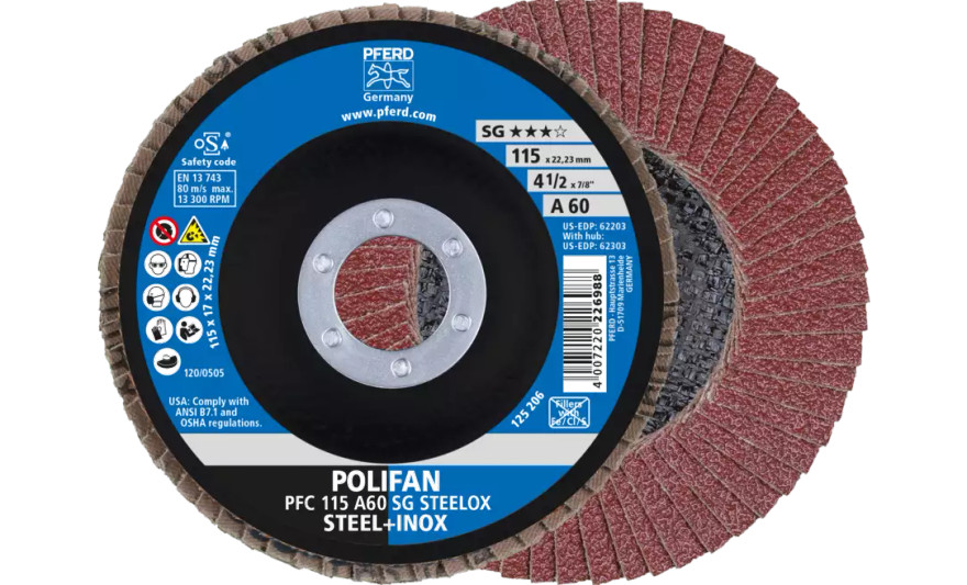 Pferd 62203 SG Steelox Polifan Flap Disc | 7/8" Arbor Hole | 4-1/2" Diameter | Aluminum Oxide 60 Grit | Type 29 | Sold by Box of 10