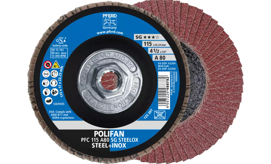Pferd 62304 SG Steelox Polifan Flap Disc | 5/8-11" Arbor Hole | 4-1/2" Diameter | Aluminum Oxide 80 Grit | Type 29 | Sold by Box of 10
