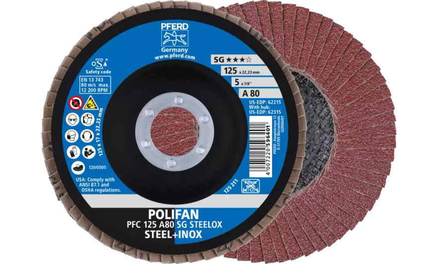 Pferd 62215 SG Steelox Polifan Flap Disc | 7/8" Arbor Hole | 5" Diameter | Aluminum Oxide 80 Grit | Type 29 | Sold by Box of 10