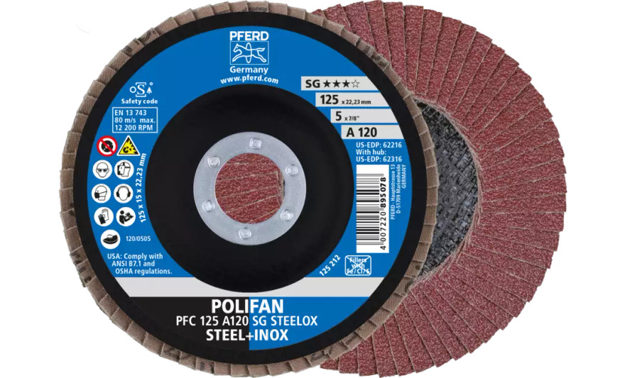 Pferd 62216 SG Steelox Polifan Flap Disc | 7/8" Arbor Hole | 5" Diameter | Aluminum Oxide 120 Grit | Type 29 | Sold by Box of 10