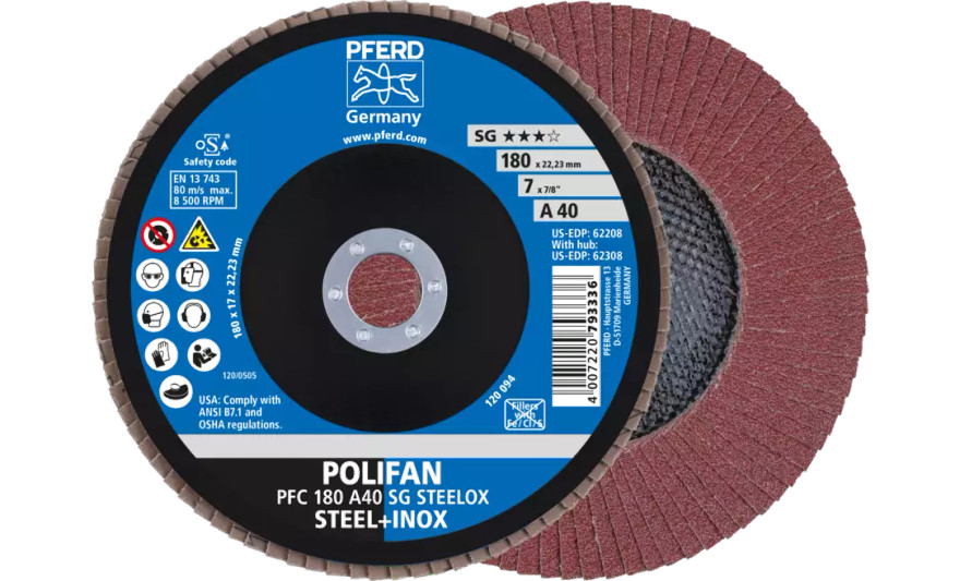 Pferd 62208 SG Steelox Polifan Flap Disc | 7/8" Arbor Hole | 7" Diameter | Aluminum Oxide 40 Grit | Type 29 | Sold by Box of 10