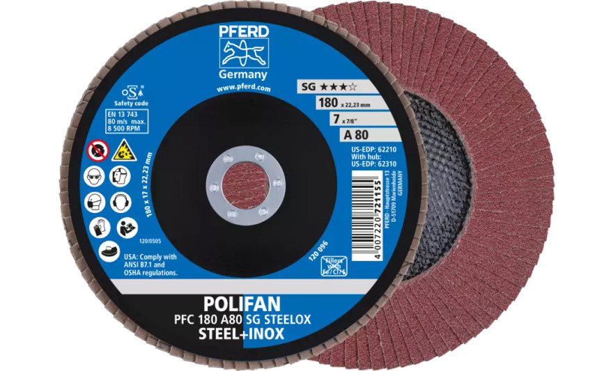 Pferd 62210 SG Steelox Polifan Flap Disc | 7/8" Arbor Hole | 7" Diameter | Aluminum Oxide 80 Grit | Type 29 | Sold by Box of 10