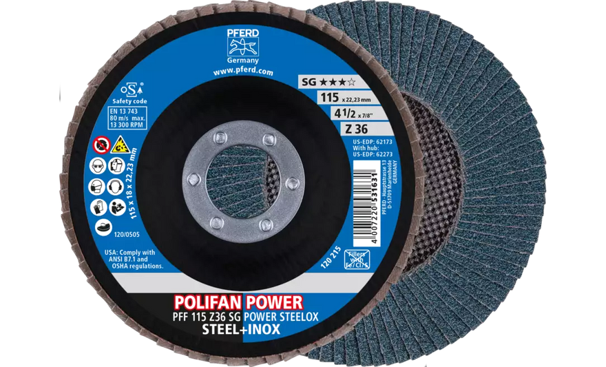Pferd 62173 Polifan Flap Disc | 7/8" Arbor Hole | 4-1/2" Diameter | Zirconia Alumina 36 Grit | Type 27 | Sold by Box of 10