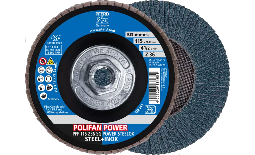 Pferd 62273 Polifan Flap Disc | 5/8-11" Arbor Hole | 4-1/2" Diameter | Zirconia Alumina 36 Grit | Type 27 | Sold by Box of 10