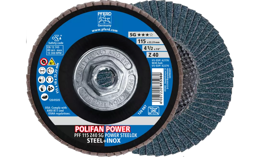 PFERD 62276 Polifan Flap Disc | 5/8-11" Arbor Hole | 4-1/2" Diameter | Zirconia Alumina 40 Grit | Flat | Sold by Box of 10
