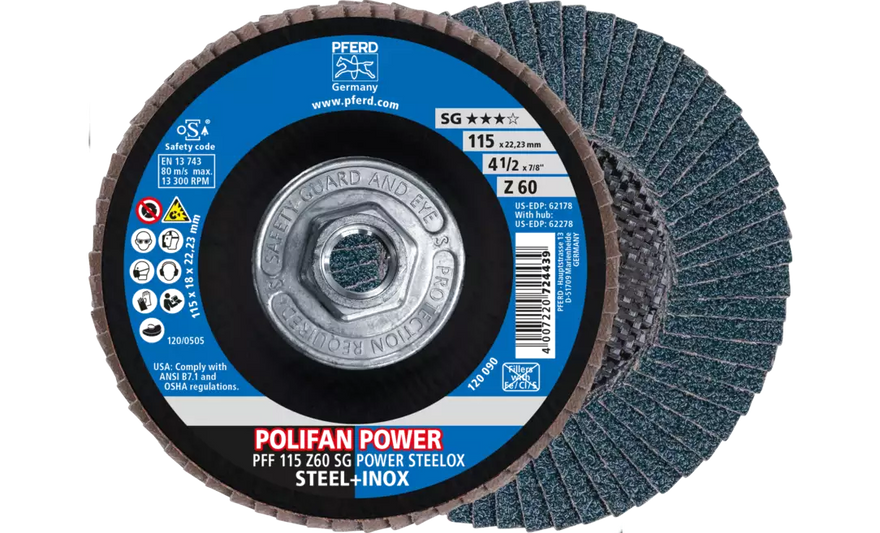 Pferd 62278 Polifan Flap Disc | 5/8-11" Arbor Hole | 4-1/2" Diameter | Zirconia Alumina 60 Grit | Type 27 | Sold by Box of 10