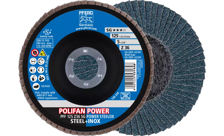 Pferd 62181 Polifan Flap Disc | 7/8" Arbor Hole | 5" Diameter | Zirconia Alumina 36 Grit | Type 27 | Sold by Box of 10