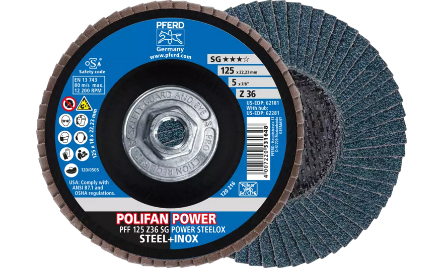 Pferd 62281 Polifan Flap Disc | 5/8-11 Arbor Hole | 5" Diameter | Zirconia Alumina 36 Grit | Type 27 | Sold by Box of 10