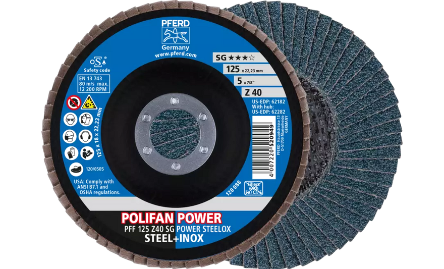 PFERD 62182 Polifan Flap Disc | 7/8" Arbor Hole | 5" Diameter | Zirconia Alumina 40 Grit | Flat | Sold by Box of 10