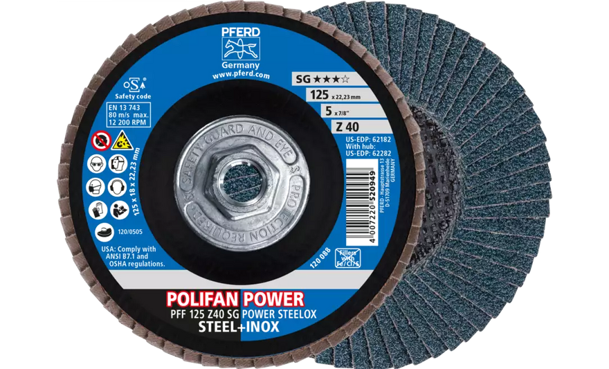 Pferd 62282 Polifan Flap Disc | 5/8-11 Arbor Hole | 5" Diameter | Zirconia Alumina 40 Grit | Type 27 | Sold by Box of 10