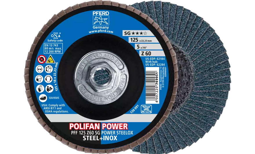 Pferd 62284 Polifan Flap Disc | 5/8-11 Arbor Hole | 5" Diameter | Zirconia Alumina 60 Grit | Type 27 | Sold by Box of 10