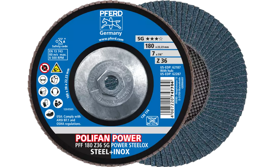 Pferd 62287 Polifan Flap Disc | 5/8-11" Arbor Hole | 7" Diameter | Zirconia Alumina 36 Grit | Type 27 | Sold by Box of 10