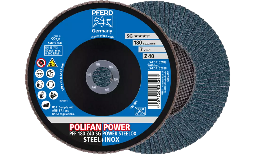 Pferd 62188 Polifan Flap Disc | 7/8" Arbor Hole | 7" Diameter | Zirconia Alumina 40 Grit | Type 27 | Sold by Box of 10