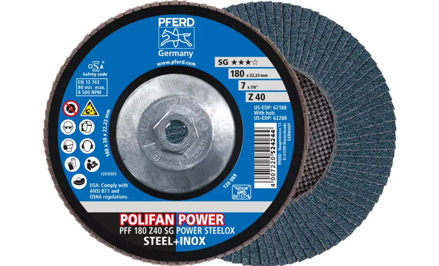 PFERD 62288 Polifan Flap Disc | 5/8-11" Arbor Hole | 7" Diameter | Zirconia Alumina 40 Grit | Flat | Sold by Box of 10
