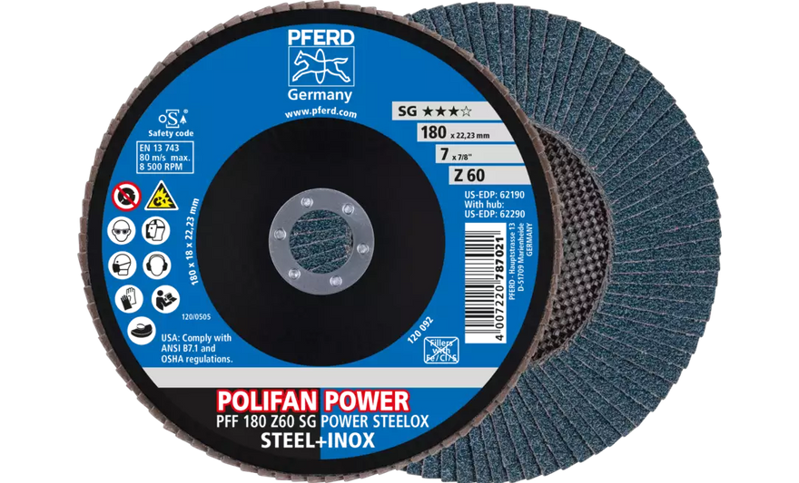 Pferd 62190 Polifan Flap Disc | 7/8" Arbor Hole | 7" Diameter | Zirconia Alumina 60 Grit | Type 27 | Sold by Box of 10