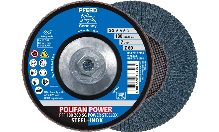Pferd 62290 Polifan Flap Disc | 5/8-11" Arbor Hole | 7" Diameter | Zirconia Alumina 60 Grit | Type 27 | Sold by Box of 10