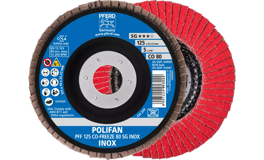 Pferd 60809 Polifan Flap Disc | 7/8" Arbor Hole | 5" Diameter | Ceramic Oxide 80 Grit | Type 27 | Sold by Box of 10