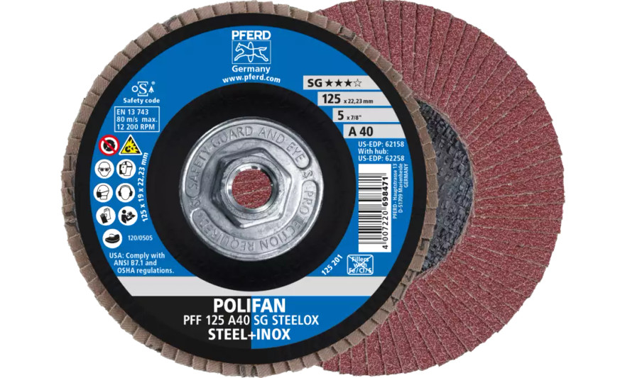 PFERD 62258 Polifan Flap Disc | 5/8-11" Arbor Hole | 5" Diameter | Aluminum Oxide 40 Grit | Flat | Sold by Box of 10