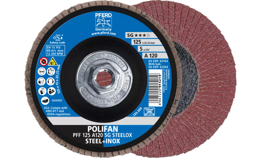 Pferd 62264 SG Steelox Polifan Flap Disc | 5/8-11" Arbor Hole | 5" Diameter | Aluminum Oxide 120 Grit | Type 27 | Sold by Box of 10