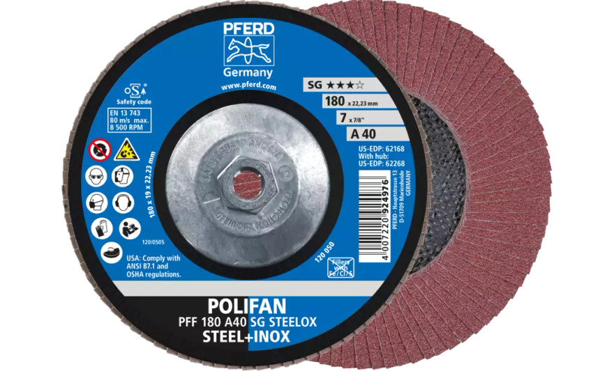 Pferd 62268 SG Steelox Polifan Flap Disc | 5/8-11" Arbor Hole | 7" Diameter | Aluminum Oxide 40 Grit | Type 27 | Sold by Box of 10