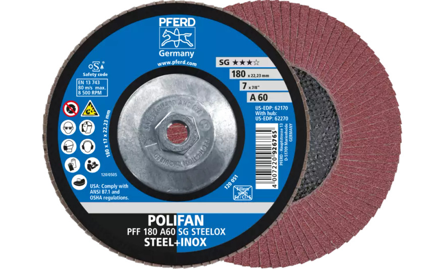 Pferd 62270 SG Steelox Polifan Flap Disc | 5/8-11" Arbor Hole | 7" Diameter | Aluminum Oxide 60 Grit | Type 27 | Sold by Box of 10