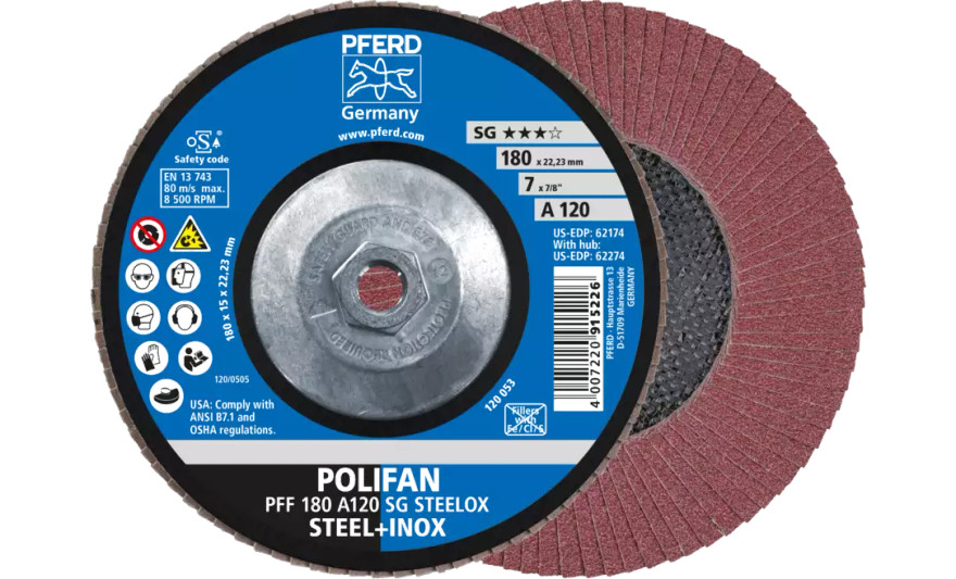 Pferd 62274 SG Steelox Polifan Flap Disc | 5/8-11" Arbor Hole | 7" Diameter | Aluminum Oxide 120 Grit | Type 27 | Sold by Box of 10
