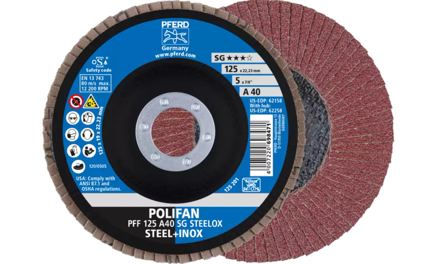 Pferd 62158 SG Steelox Polifan Flap Disc | 7/8" Arbor Hole | 5" Diameter | Aluminum Oxide 40 Grit | Type 27 | Sold by Box of 10
