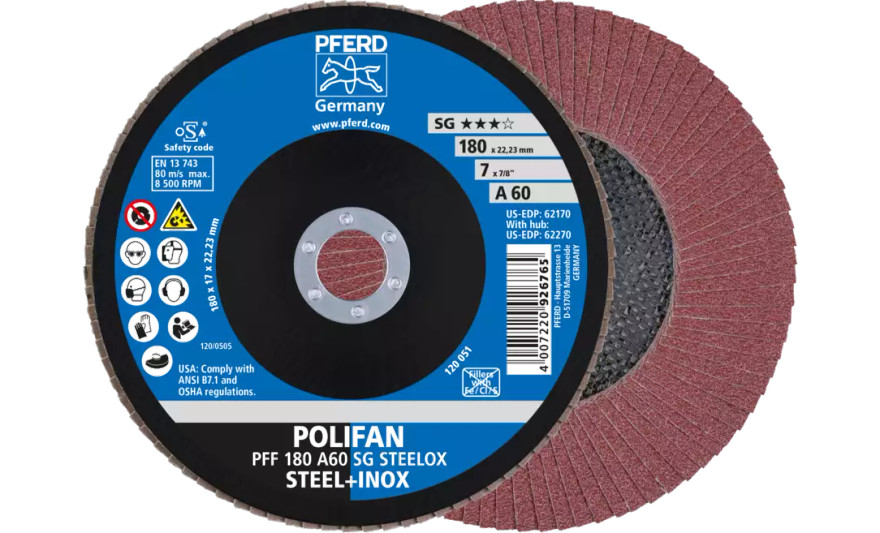 PFERD 62170 Polifan Flap Disc | 7/8" Arbor Hole | 7" Diameter | Aluminum Oxide 60 Grit | Flat | Sold by Box of 10