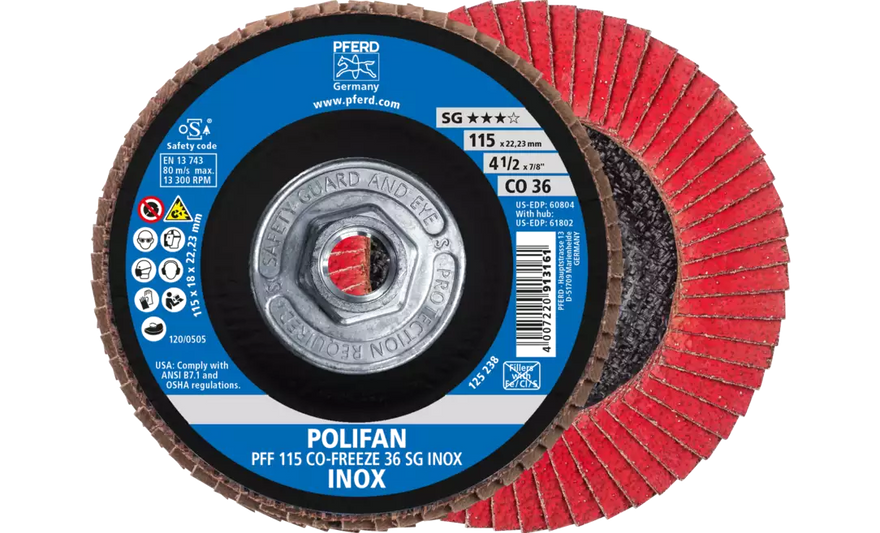 Pferd 61082 Polifan Flap Disc | 5/8-11" Arbor Hole | 4-1/2" Diameter | Ceramic Oxide 36 Grit | Type 27 | Sold by Box of 10