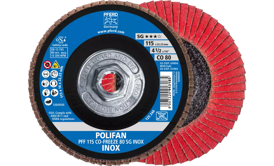 Pferd 61084 Polifan Flap Disc | 5/8-11" Arbor Hole | 4-1/2" Diameter | Ceramic Oxide 80 Grit | Type 27 | Sold by Box of 10