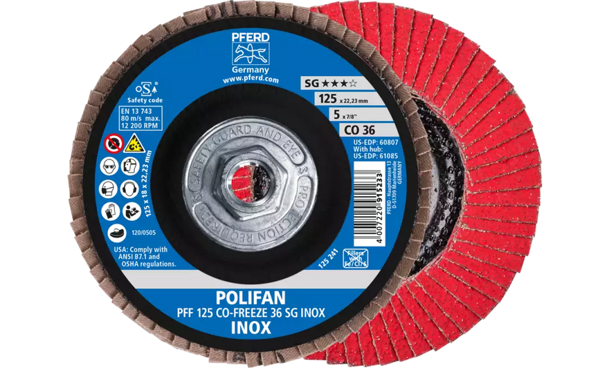 Pferd 61085 Polifan Flap Disc | 5/8-11" Arbor Hole | 5" Diameter | Ceramic Oxide 36 Grit | Type 27 | Sold by Box of 10