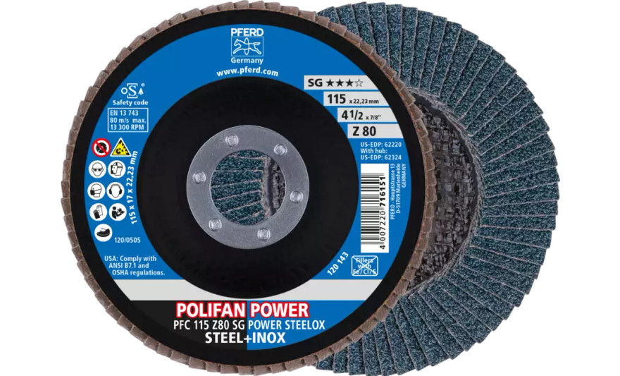 Pferd 62220 Polifan Flap Disc | 7/8" Arbor Hole | 4-1/2" Diameter | Zirconia Alumina 80 Grit | Type 29 | Sold by Box of 10