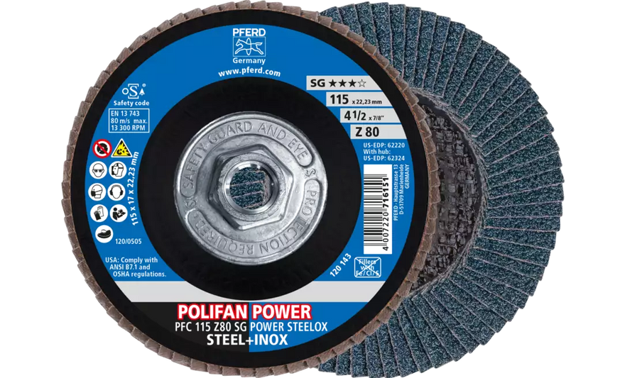 Pferd 62324 Polifan Flap Disc | 5/8-11" Arbor Hole | 4-1/2" Diameter | Zirconia Alumina 80 Grit | Type 29 | Sold by Box of 10