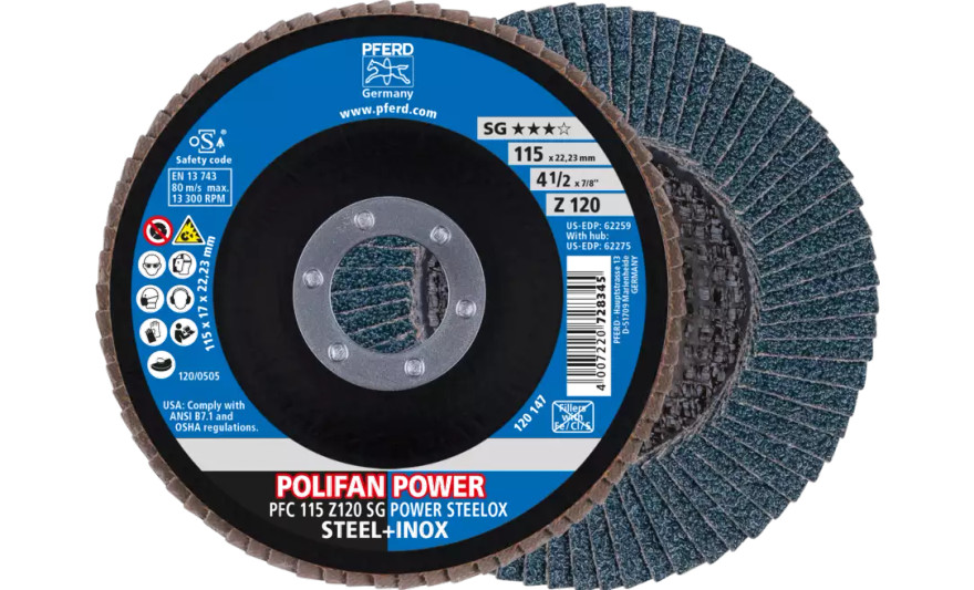 Pferd 62259 Polifan Flap Disc | 7/8" Arbor Hole | 4-1/2" Diameter | Zirconia Alumina 120 Grit | Type 29 | Sold by Box of 10