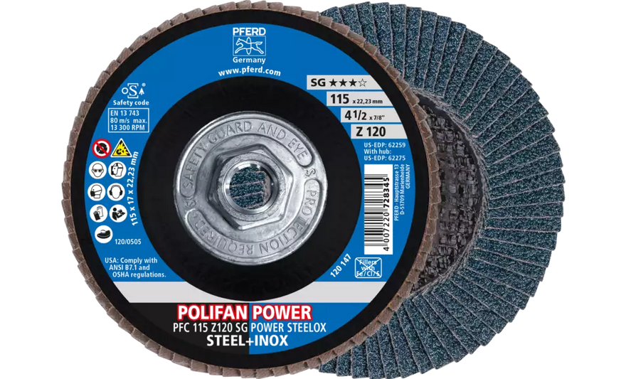 Pferd 62275 Polifan Flap Disc | 5/8-11" Arbor Hole | 4-1/2" Diameter | Zirconia Alumina 120 Grit | Type 29 | Sold by Box of 10