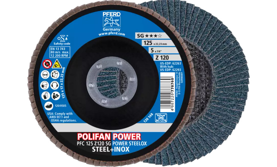Pferd 62263 Polifan Flap Disc | 7/8" Arbor Hole | 5" Diameter | Zirconia Alumina 120 Grit | Type 29 | Sold by Box of 10