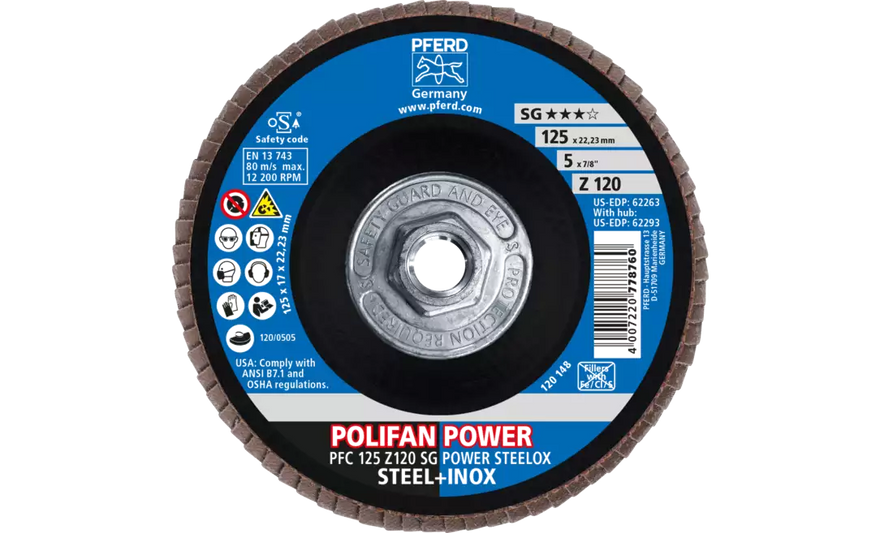 Pferd 62293 Polifan Flap Disc | 5/8-11" Arbor Hole | 5" Diameter | Zirconia Alumina 120 Grit | Type 29 | Sold by Box of 10