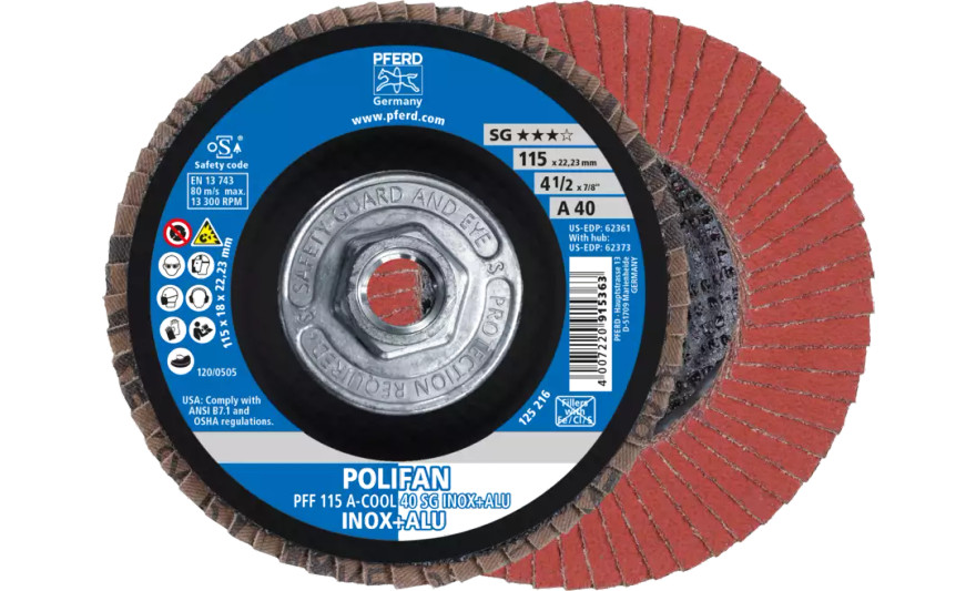Pferd 62373 Polifan Flap Disc | 4-1/2" Diameter | 5/8-11" Arbor Hole | Aluminum Oxide 40 Grit | Type 27 | Sold by Box of 10