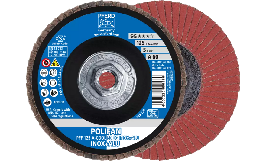 Pferd 62378 Polifan Flap Disc | 5" Diameter | 5/8-11" Arbor Hole | Aluminum Oxide 60 Grit | Type 27 | Sold by Box of 10