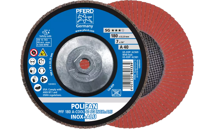 PFERD 62381 Polifan Flap Disc | 5/8-11" Arbor Hole | 7" Diameter | Aluminum Oxide 40 Grit | Flat | Sold by Box of 10