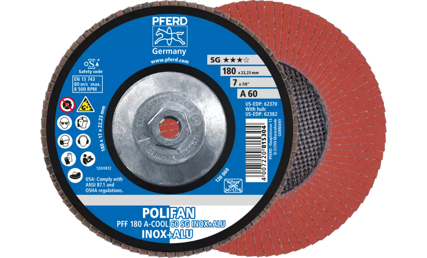 Pferd 62382 Polifan Flap Disc | 7" Diameter | 5/8-11" Arbor Hole | Aluminum Oxide 60 Grit | Type 27 | Sold by Box of 10