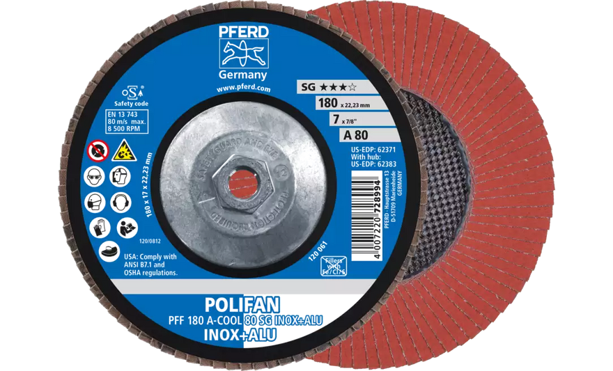 Pferd 62383 Polifan Flap Disc | 7" Diameter | 5/8-11" Arbor Hole | Aluminum Oxide 80 Grit | Type 27 | Sold by Box of 10