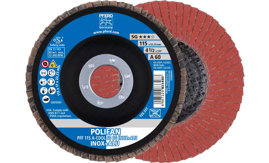 Pferd 62362 Polifan Flap Disc | 4-1/2" Diameter | 7/8" Arbor Hole | Aluminum Oxide 60 Grit | Type 27 | Sold by Box of 10