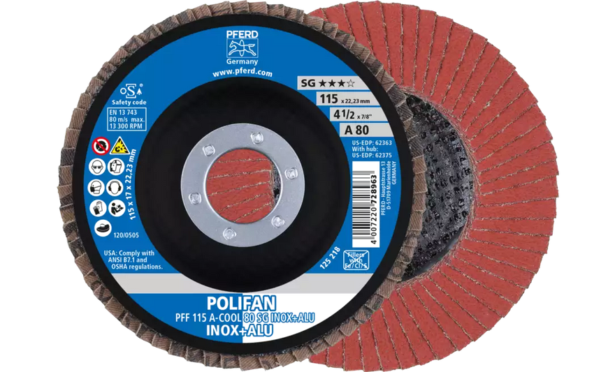 Pferd 62363 Polifan Flap Disc | 4-1/2" Diameter | 7/8" Arbor Hole | Aluminum Oxide 80 Grit | Type 27 | Sold by Box of 10