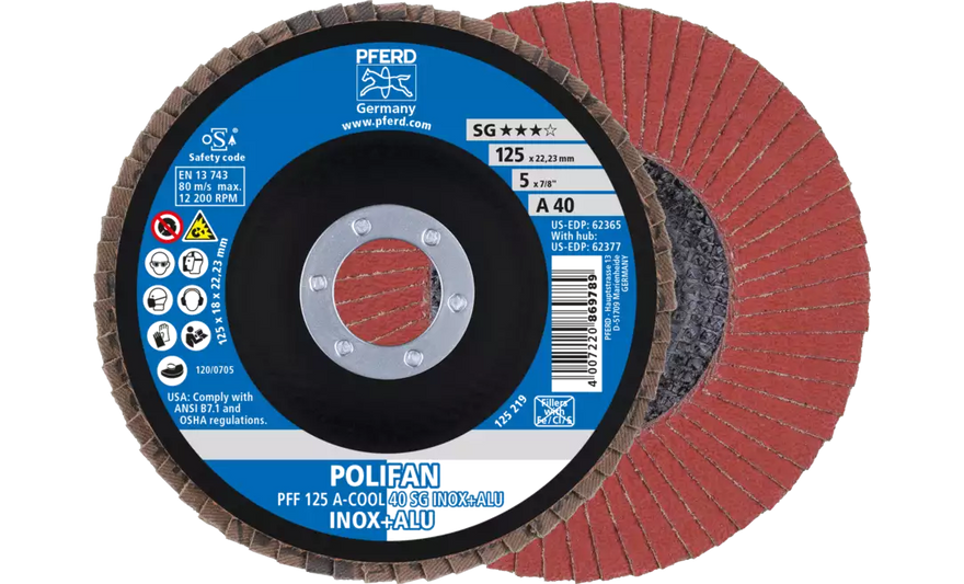 PFERD 62365 Polifan Flap Disc | 7/8" Arbor Hole | 5" Diameter | Aluminum Oxide 40 Grit | Flat | Sold by Box of 10