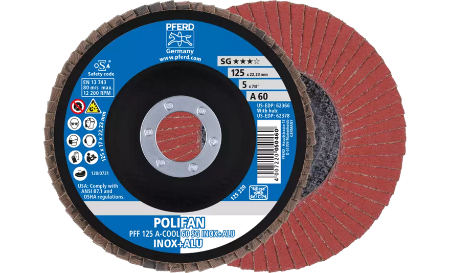 Pferd 62366 Polifan Flap Disc | 5" Diameter | 7/8" Arbor Hole | Aluminum Oxide 60 Grit | Type 27 | Sold by Box of 10