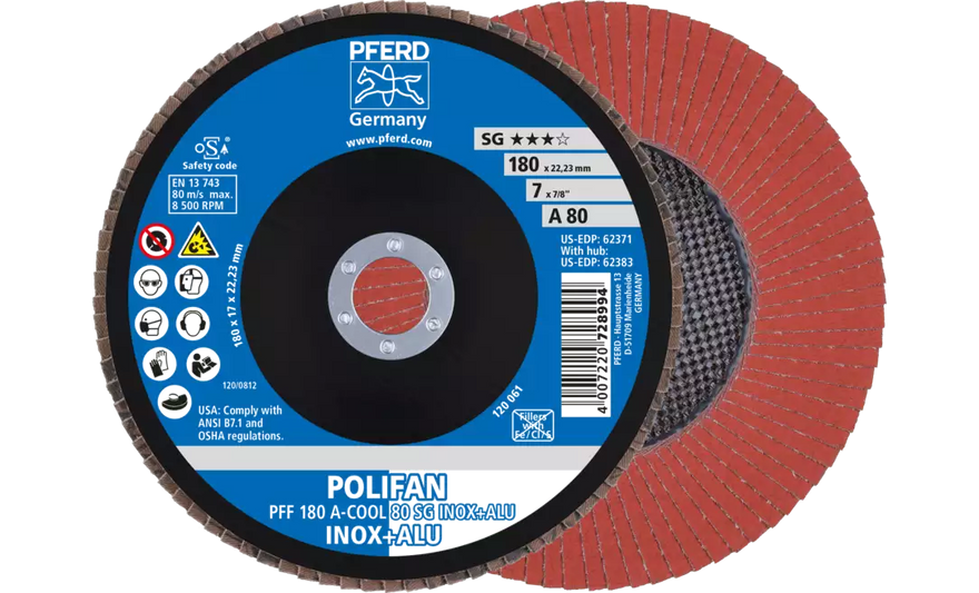 Pferd 62371 Polifan Flap Disc | 7" Diameter | 7/8" Arbor Hole | Aluminum Oxide 80 Grit | Type 27 | Sold by Box of 10