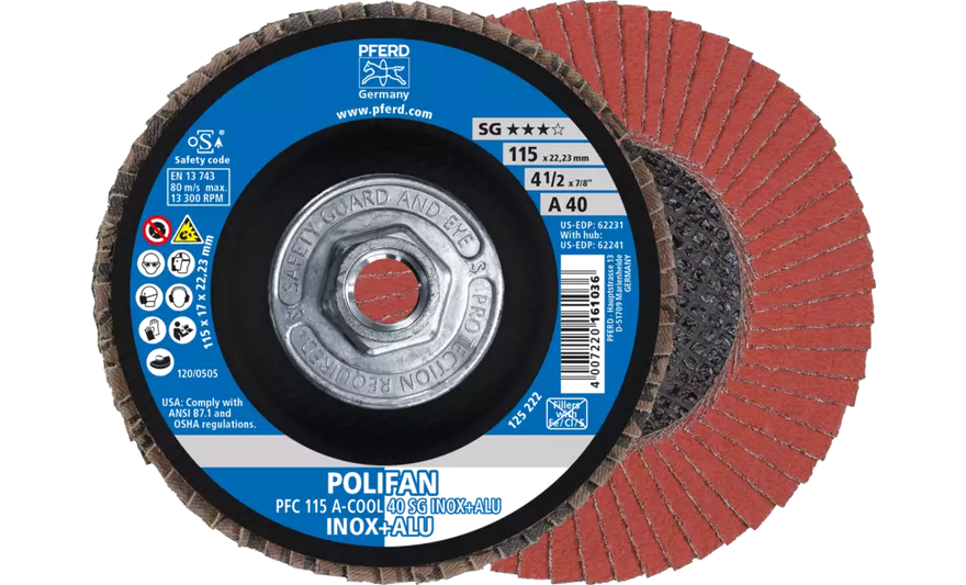 Pferd 62241 Polifan Flap Disc | 4-1/2" Diameter | 5/8-11" Arbor Hole | Aluminum Oxide 40 Grit | Type 29 | Sold by Box of 10