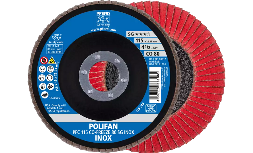 Pferd 60812 Polifan Flap Disc | 7/8" Arbor Hole | 4-1/2" Diameter | Ceramic Oxide 80 Grit | Type 29 | Sold by Box of 10