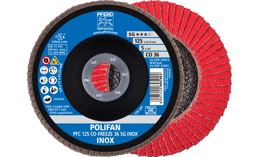 Pferd 60813 Polifan Flap Disc | 7/8" Arbor Hole | 5" Diameter | Ceramic Oxide 36 Grit | Type 29 | Sold by Box of 10